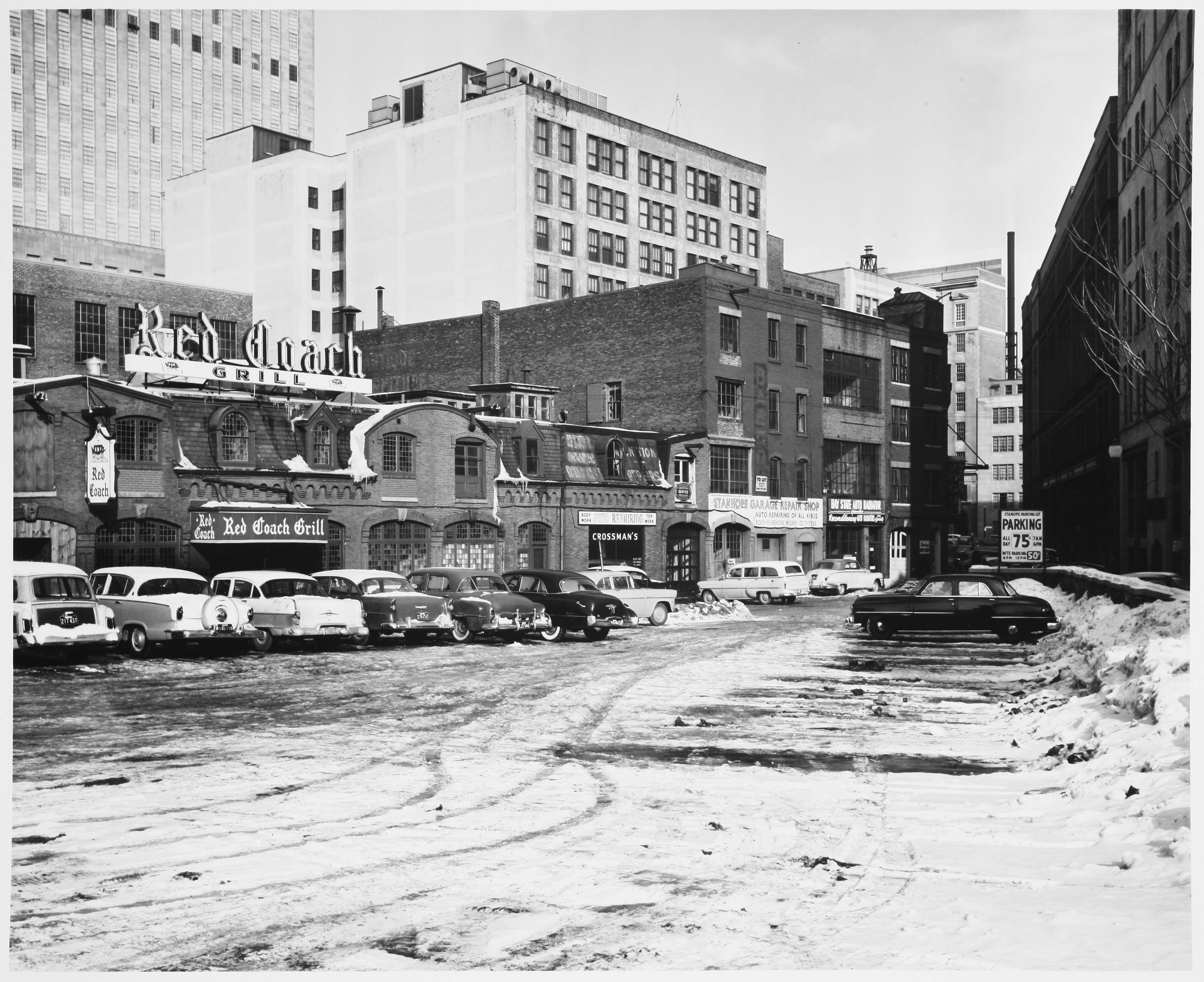 Parking Lot, Red Coach Grill Restaurant in Middle Distance, between Columbus Avenue and Stanhope Street Parking Lot, Red Coach Grill Restaurant in Middle Distance, between Columbus Avenue and Stanhope Street